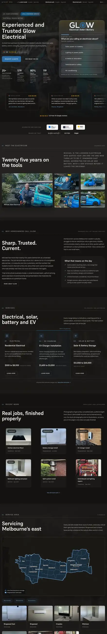 Glow Electrical Contracting website, built by Scalus